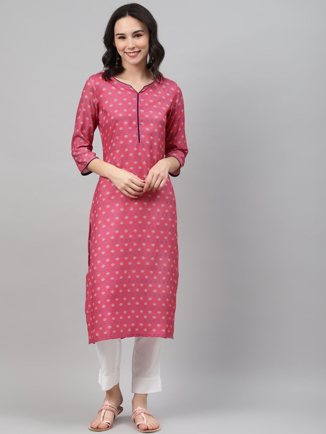 Women's Pink Color Screen Print Straight Kurta And Pant Set - Ziyaa