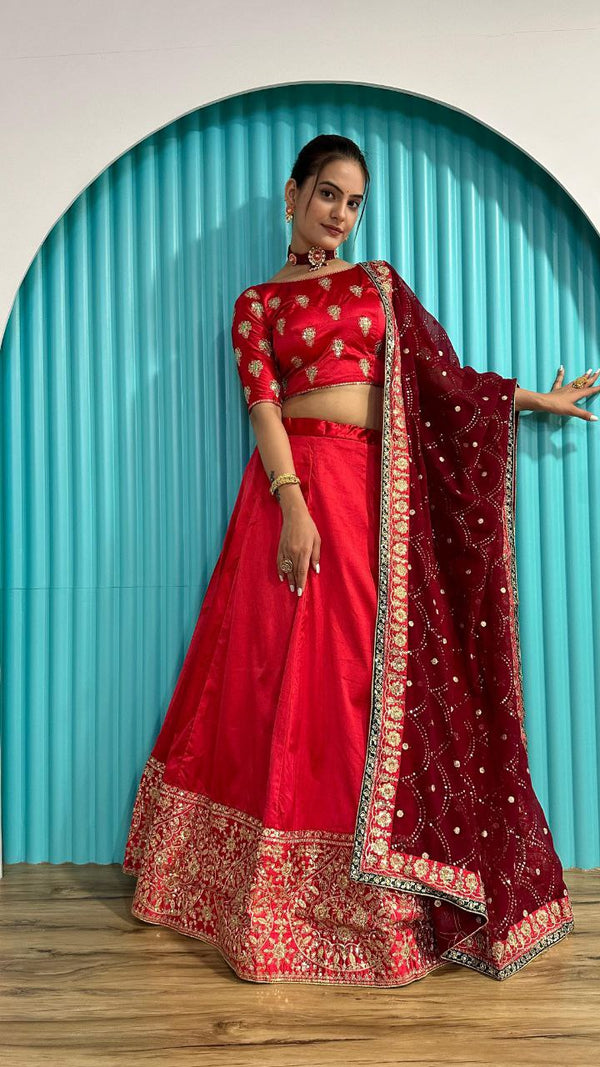 Sophisticated Satin Georgette Lehenga with Fully Stitched Zari & Sequins Blouse