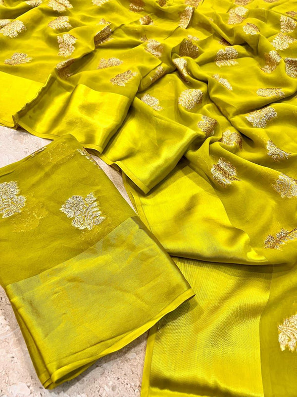 Chic Viscose Georgette Saree with Sattin Flower Border and Running Blouse