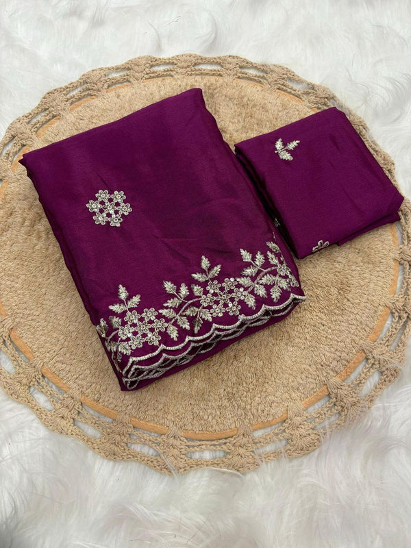 Luxury Pure Chinnon Saree with Intricate Sequence Embroidery and Fancy Blouse