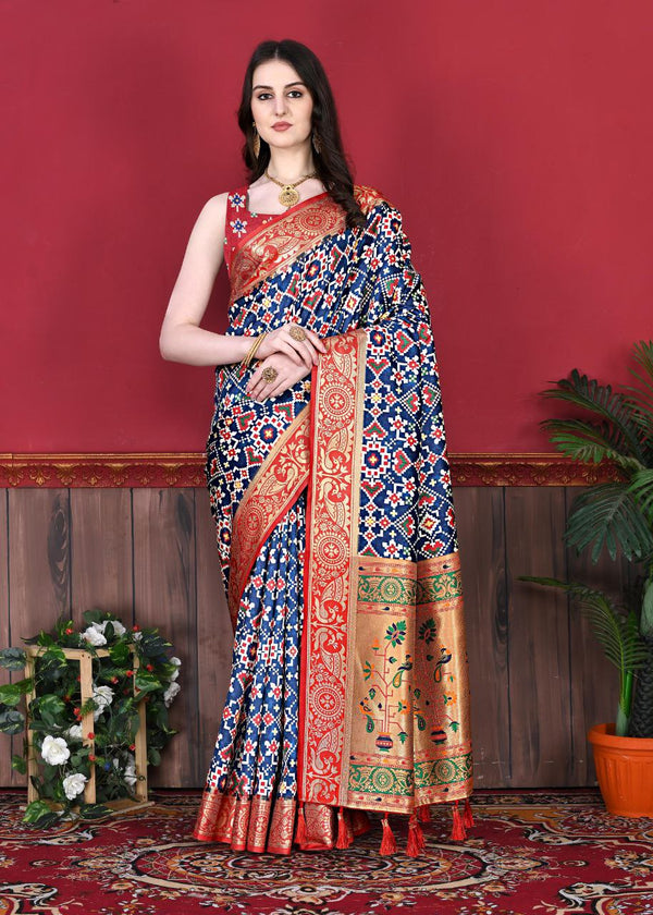 Soft Patola Silk Saree with Meenakari Weaving, Digital Print & Peacock Border, Printed Blouse