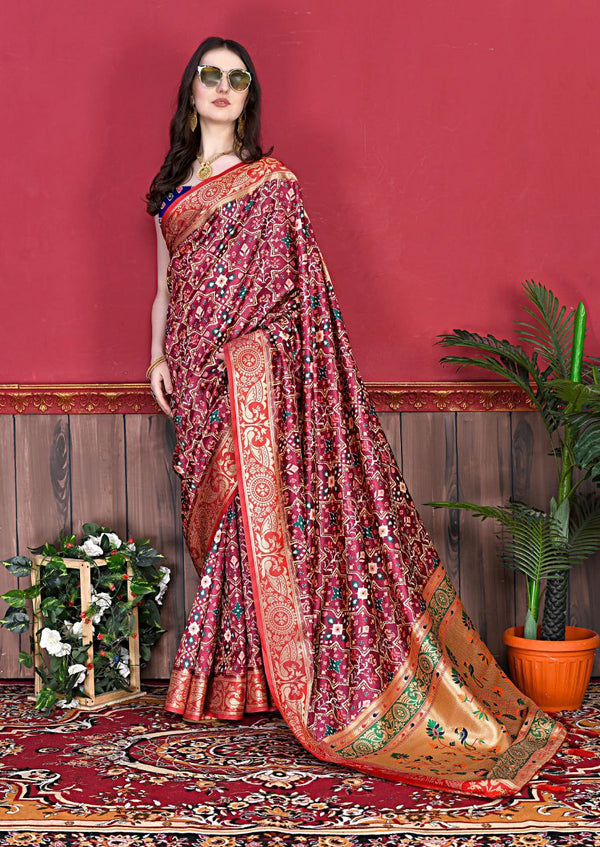 Traditional Patola Silk Saree with Meenakari Peacock Border, Digital Print & Tassels at Pallu