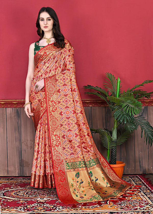 Traditional Patola Silk Saree with Meenakari Weaving, Digital Print & Tassels