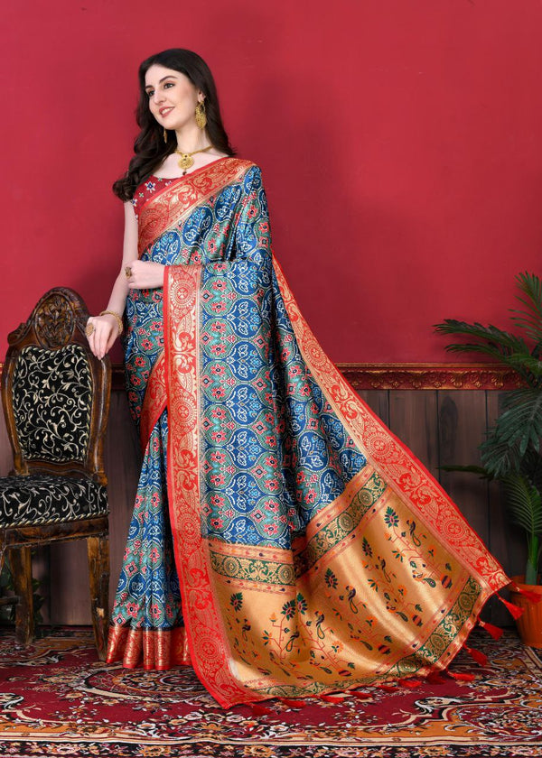 Digital Printed Patola Silk Saree with Meenakari Weaving, Tassels & Contrast Printed Blouse