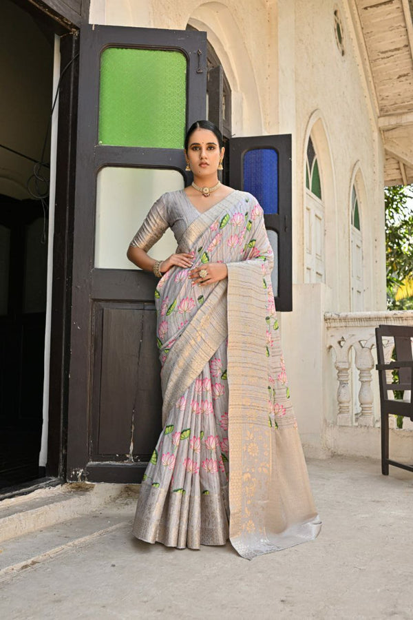 Cotton Silk Saree with Zari Woven Pallu, Lotus Print & Floral Weaving Border