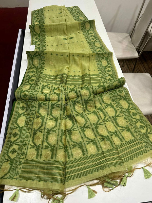 Charming Muga Cotton Jamdani Saree with All-Over Weaving Butties