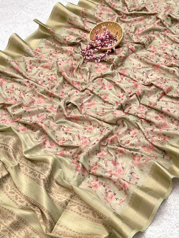 Soft Tussar Silk Saree with Flower Print, Zari Border & Fancy Tassels