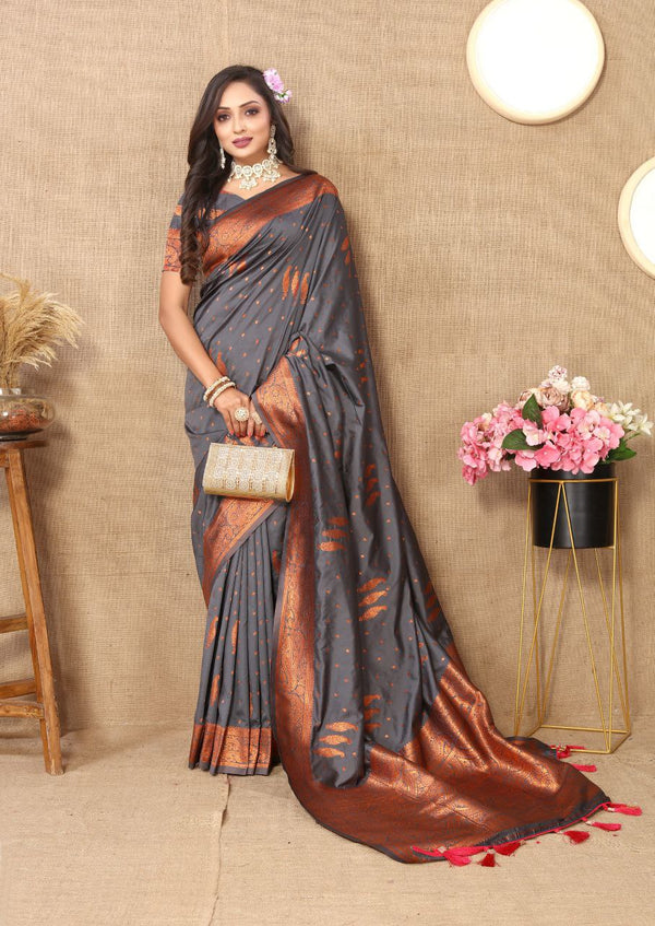 Elegant Soft Silk Saree with All-Over Zari Motifs & Zari Weaving Pallu