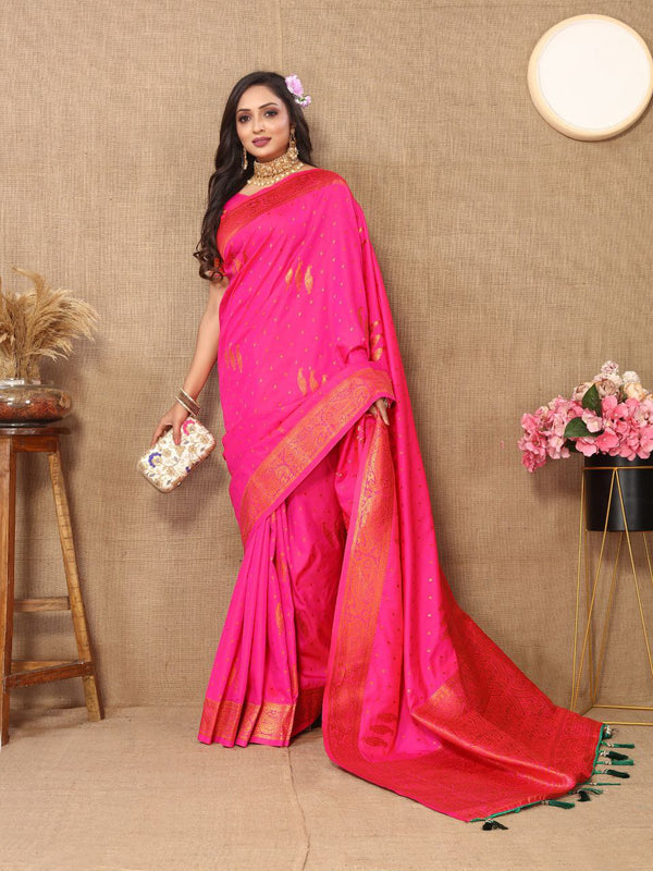 Traditional Soft Silk Saree with Zari Weaving & Tassels at Pallu End