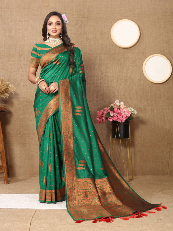 Luxurious Soft Silk Saree with Zari Weaving Motifs & Tassels at Pallu