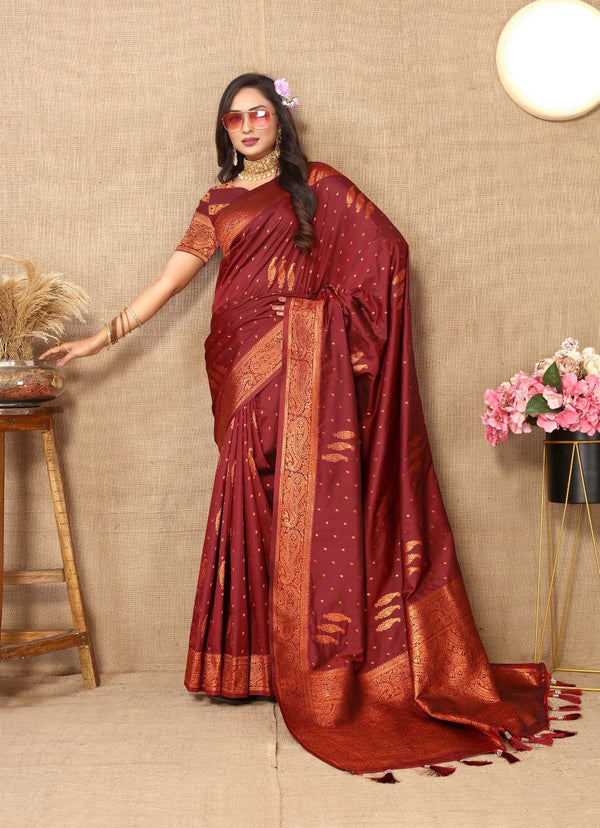 Premium Soft Silk Saree with Zari Weaving Motifs & Rich Pallu with Tassels