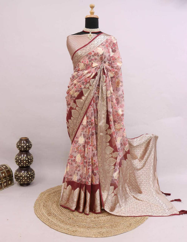 Soft Georgette Silk Saree with Floral Print and Weaved Latkan Pallu