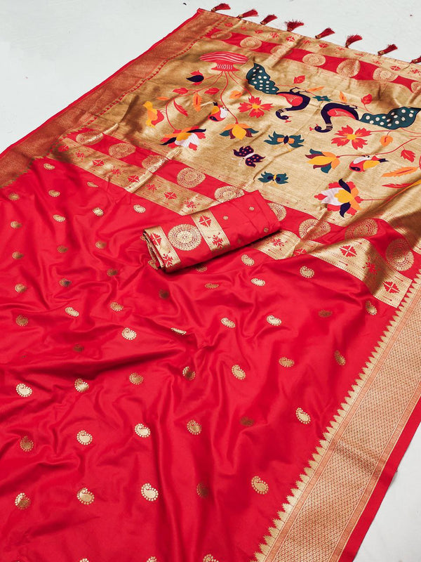 Traditional Paithani Saree with Gold Zari & Tassels