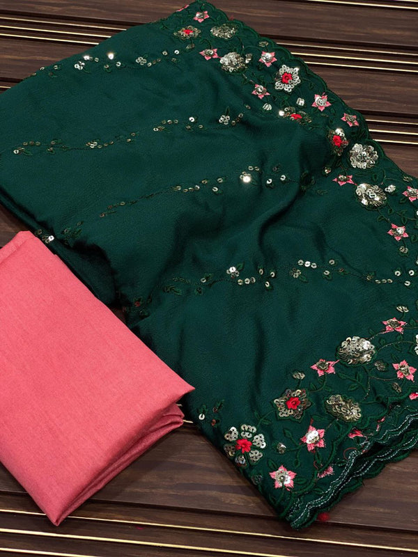 Gorgeous Chinnon Silk Saree with Embroidery & Cutwork, Contrast Mono Banglori Silk Blouse