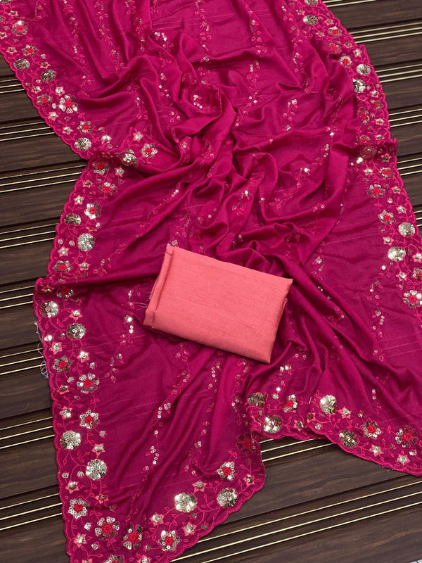 Chinnon Silk Saree with Cutwork, Sequins & Contrast Embroidered Blouse for Special Occasions