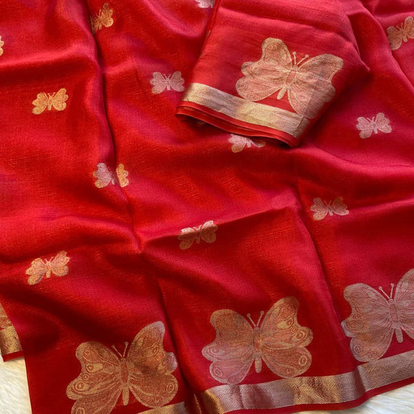 Sleek Butterfly Silk Saree with Jacquard Bird Figures and Running Blouse