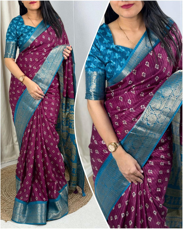 Muslin Cotton Saree with Printed Design, Zari Border & Tassels in Pallu