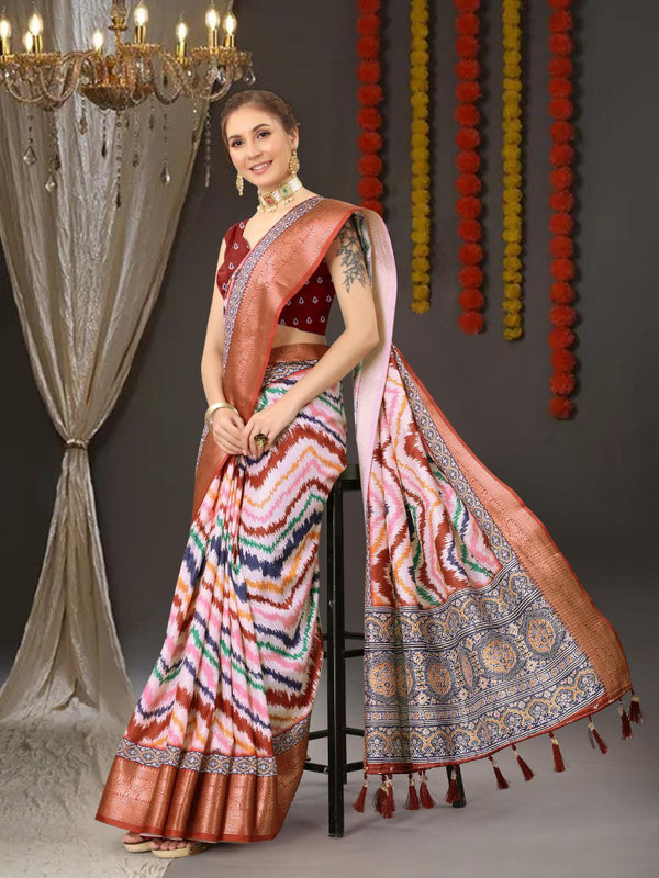 Graceful Soft Silk Saree with Enriching Design and Print Blouse