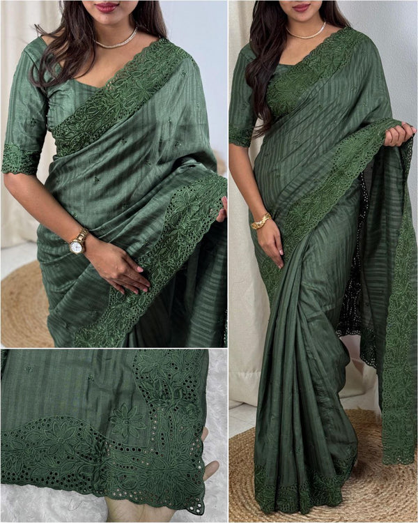 Luxurious Visca Slub Silk Saree with Thread Embroidery, Cut Work & Boaring Pattern