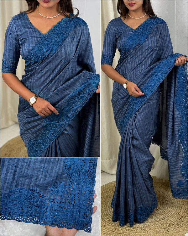 Visca Slub Silk Saree with Cut Work and Thread Embroidery, Beautiful Blouse Included