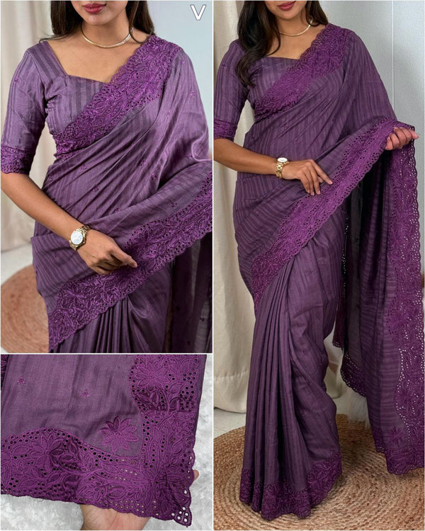 Stylish Visca Slub Silk Saree with Thread Embroidery, Cut Work & Boaring Border