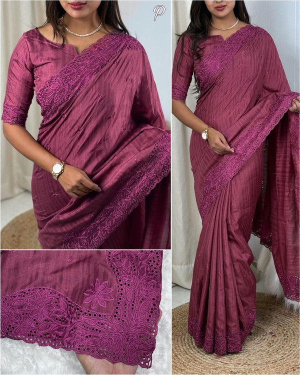 Premium Visca Slub Silk Saree with Cut Work, Thread Embroidery & Stylish Boaring