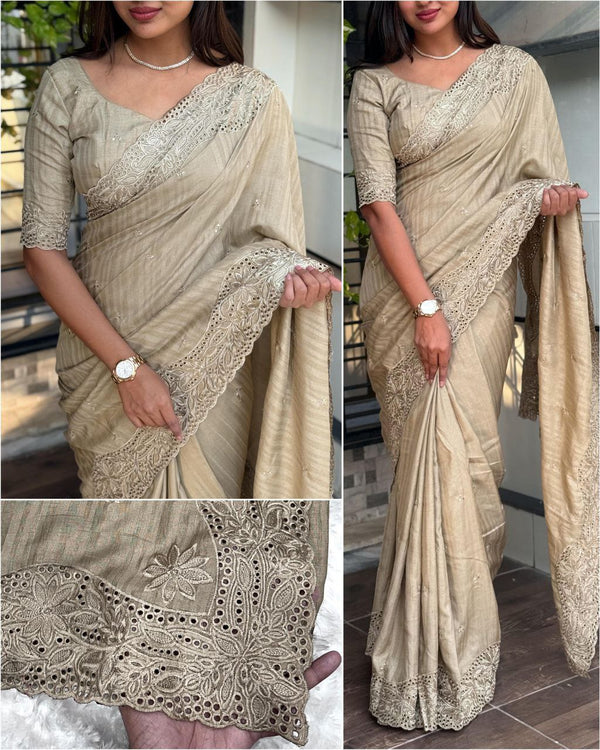 Chic Visca Slub Silk Saree with Cut Work, Thread Embroidery & Beautiful Boaring Pattern