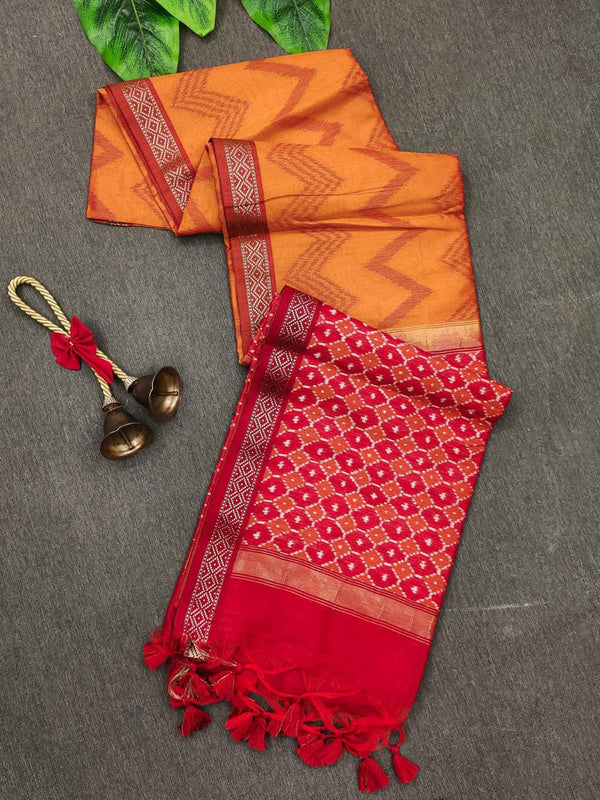 Laheriya Tussar Saree with Contrast Zari Border and Ikkat Blouse