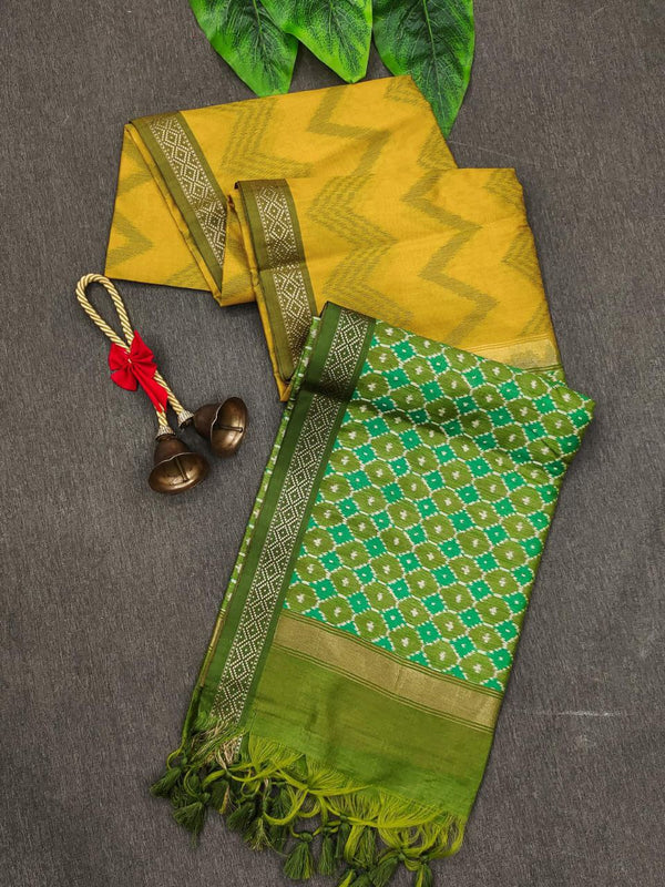 Tussar Silk Saree with Ikkat Pallu, Laheriya Weave, and Contrast Blouse