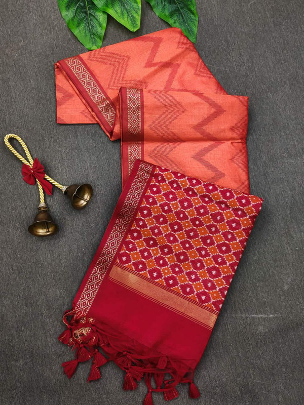 Contrast Border Tussar Silk Saree with Ikkat and Laheriya Designs