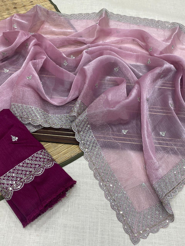 Soft Jimichu Chiffon Silk Saree with Zari & Sequins, Mono Banglori Silk Blouse with Detailed Work