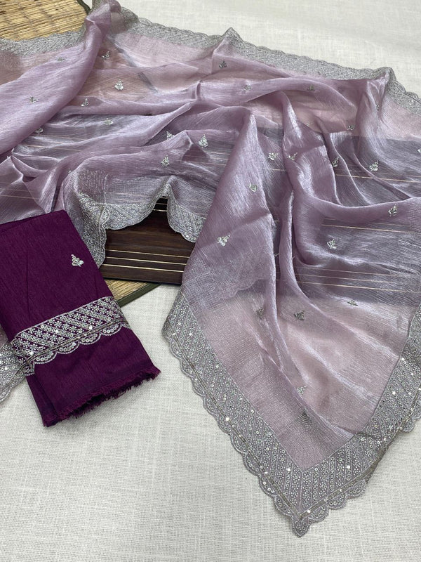 Saree in Soft Jimichu Chiffon Silk with Zari & Sequins, Embroidered Mono Banglori Silk Blouse