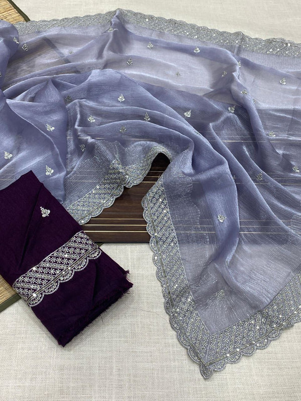 Chiffon Jimichu Silk Saree with Zari & Sequins Work, Monobanglori Silk Blouse with Embroidery