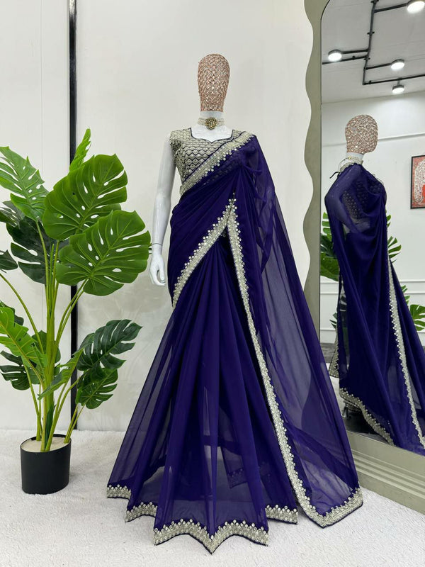 Heavy Georgette Saree with Thread & 9MM Sequins, Stitched Blouse with Fancy Lace Work