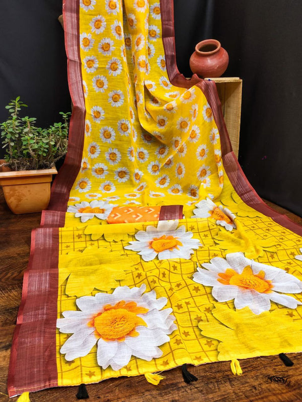 Lightweight Soft Cotton Linen Saree with Heavy Woven Border and Stylish Digital Prints