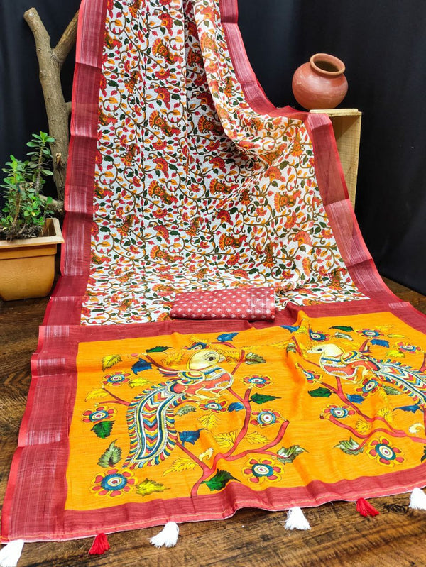 Soft Cotton Linen Saree with Woven Border and Gorgeous Digital Prints for Any Occasion