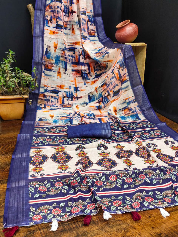 Classic Soft Cotton Linen Saree with Heavy Woven Border and Trendy Digital Print