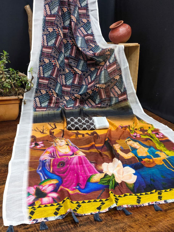 Beautiful Soft Cotton Linen Saree with Intricate Woven Border and New Digital Prints