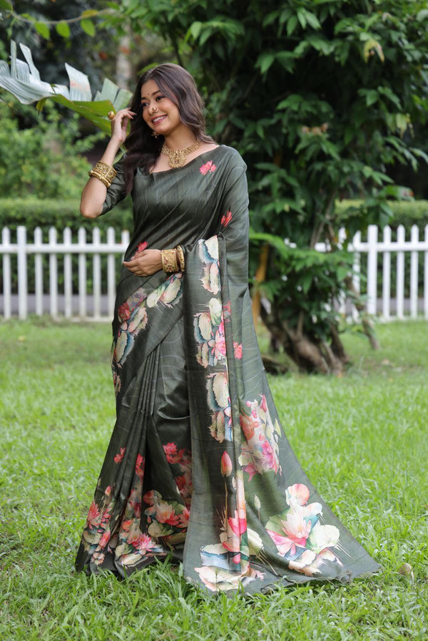 Lotus-Print Tussar Silk Saree with Classic Floral Design