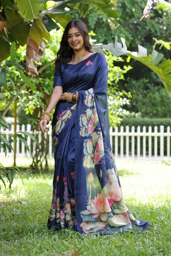 Traditional Tussar Silk Saree with Lotus and Floral Print, Running Blouse