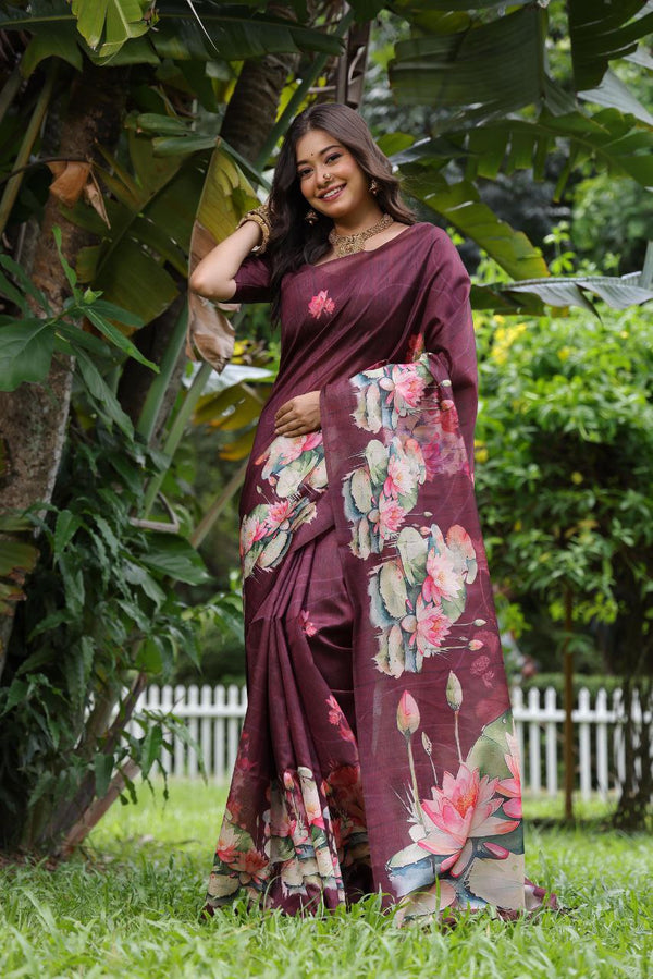 Beautiful Tussar Silk Saree with Lotus and Floral Prints, Running Blouse Piece