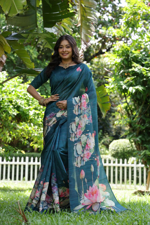 Graceful Tussar Silk Saree with Lotus and Floral Prints, Running Blouse