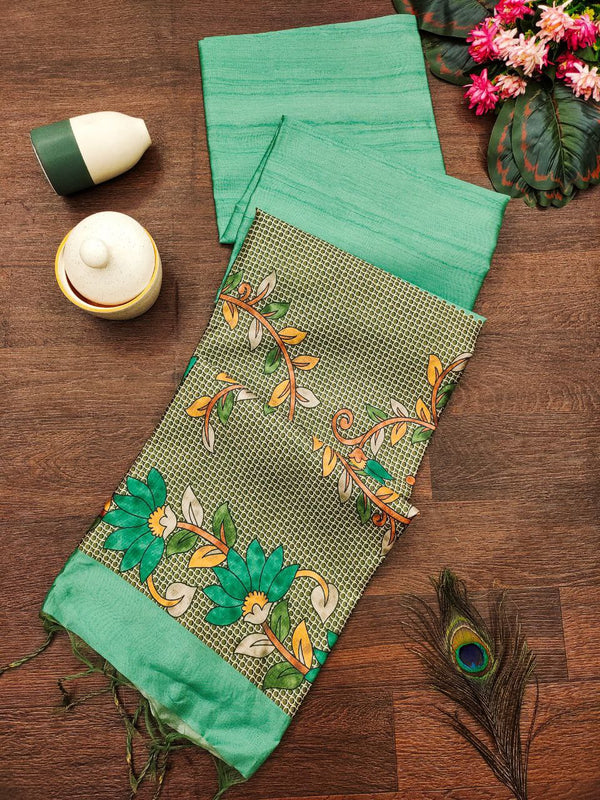 Tussar Silk Saree with Dotted Floral Border, Tassels, and Floral Printed Blouse