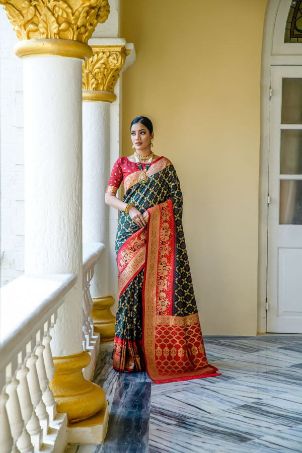 Soft Banarasi Silk Saree with Rich Bandhani Weaving and Contrast Pallu Design