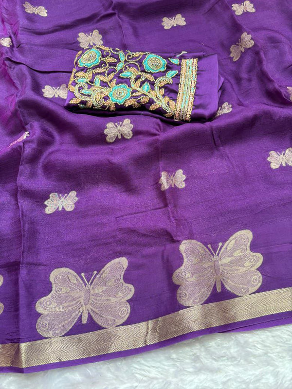 Elegant Partywear Saree in Soft Viscose Khadi with Jacquard Bird Design and Handwork Blouse