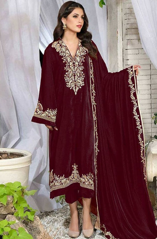 Sleek Pure Viscos Velvet Dress with Sequins and Lace, Matching Bottom with Less Cut and 4-Side Lace Dupatta