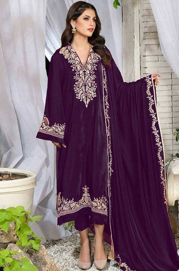 Embroidered Sequins & Lace, 2.30m Velvet Bottom & Dupatta with 4-Side Lace Work