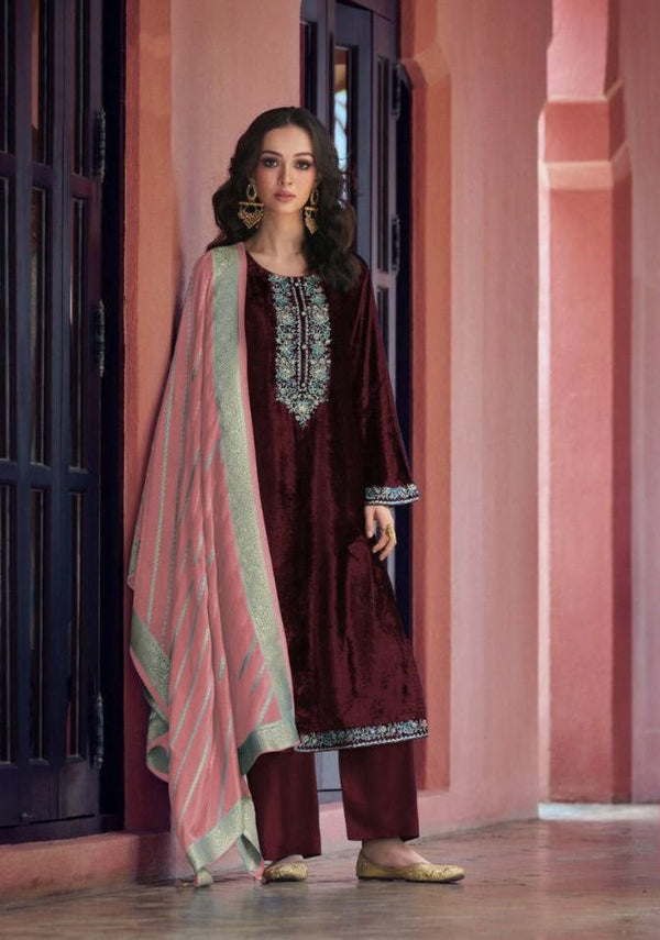 Viscos Velvet Top with Sequence Embroidery, Velvet Bottom & Jacquard Viscose Dupatta