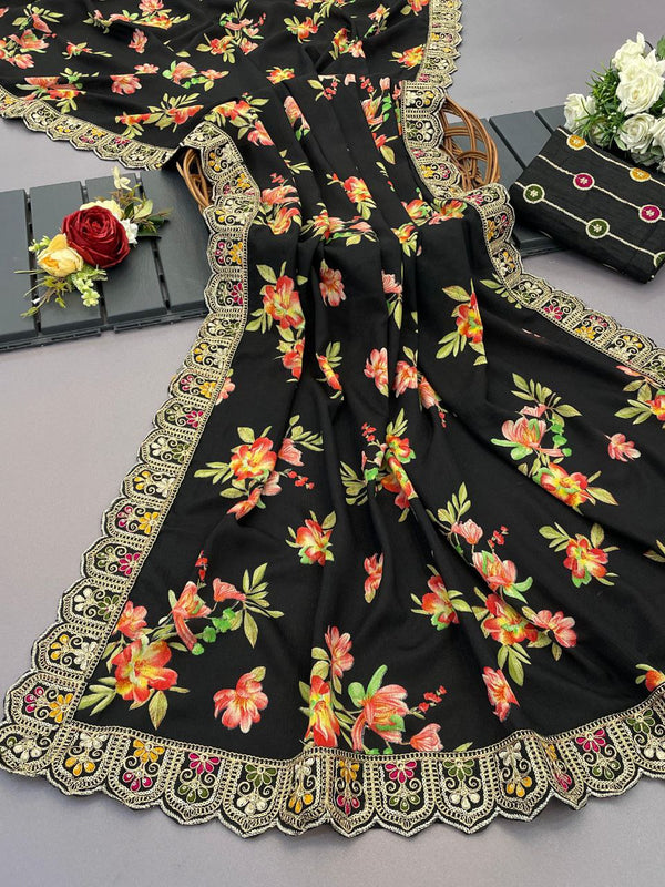 Chinon Silk Saree with Digital Floral Print, Designer Coding Border & Satin Embroidered Blouse