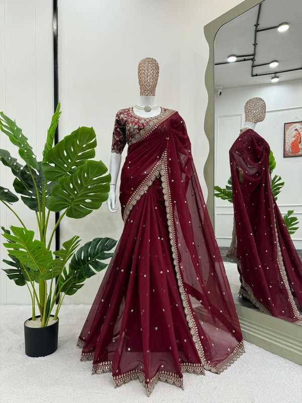 Exclusive Designer Tibby Silk Saree with Thread & Sequin Work and Banglori Silk Blouse